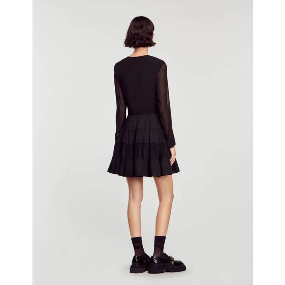 Sandro Ginette Short flowing Dual-Fabric Black Dress Size 42/ US 10 NWT - Picture 3 of 11